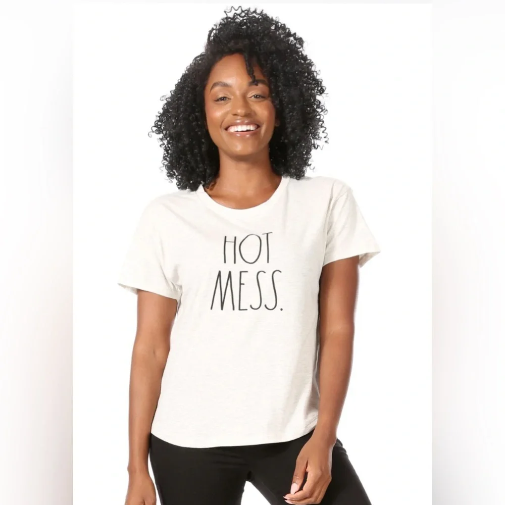 Rae Dunn | ‘Hot Mess’ Short Sleeve Shirttail Hem T-Shirt | White | XL - Picture 1 of 3
